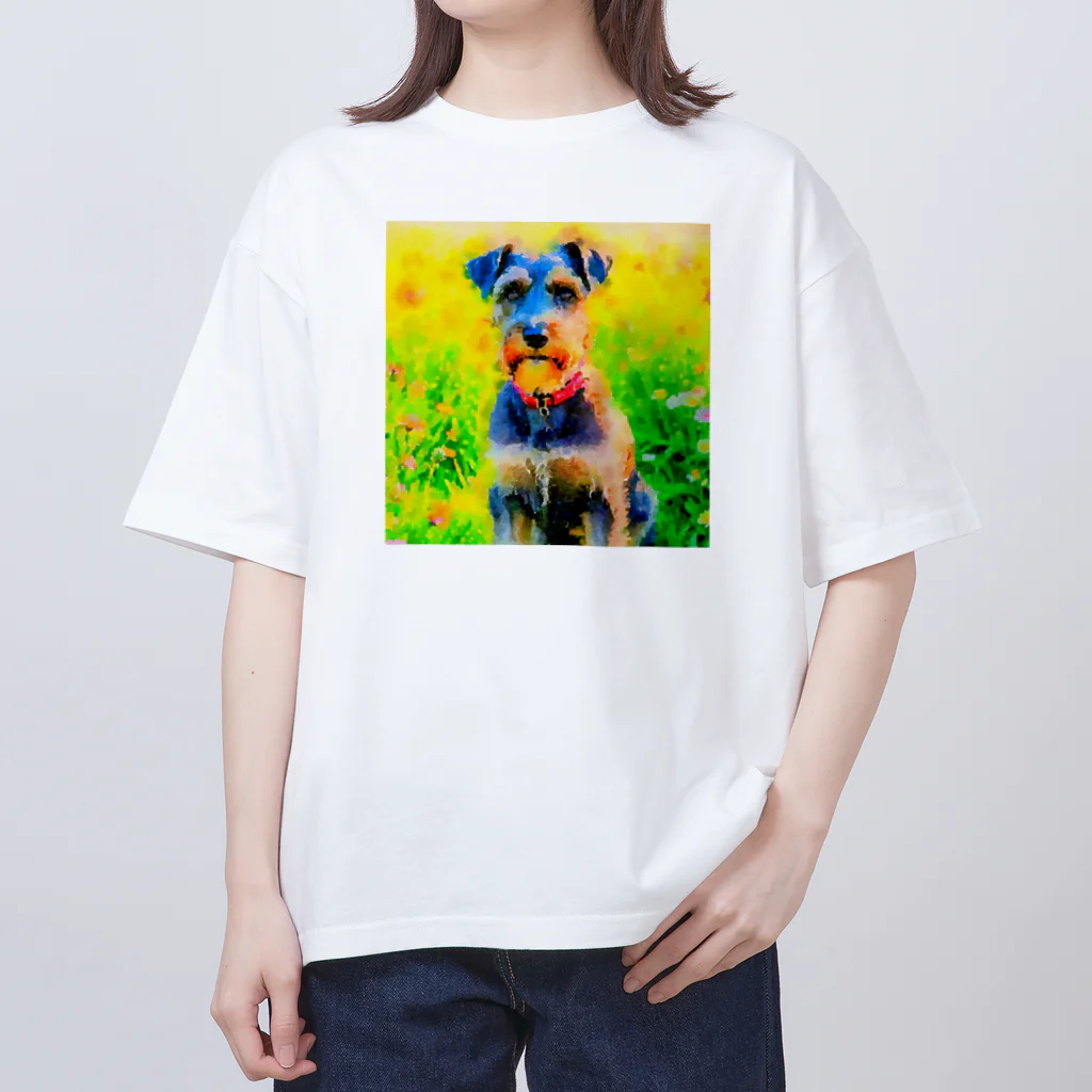 犬好きのしましまの水彩画の犬 花畑のシュナウザーのイラスト オーバーサイズTシャツ