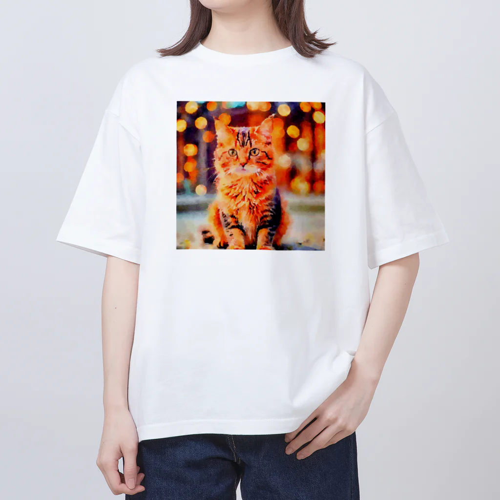 猫好きの谷の猫の水彩画/キジトラねこのイラスト/ブラウンタビーネコ オーバーサイズTシャツ