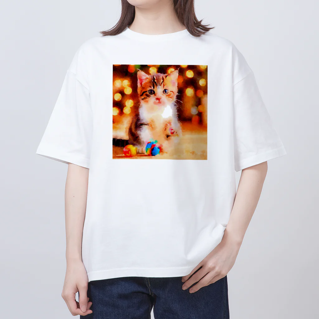 猫好きの谷の猫の水彩画/キジシロねこのイラスト/おもちゃで遊ぶキジ白ネコ オーバーサイズTシャツ