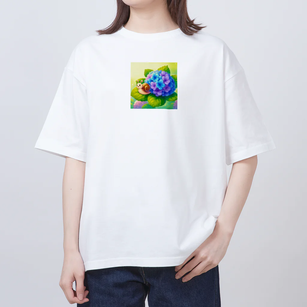 かるるんショップのあじさいとカタツムリ　雨上がり オーバーサイズTシャツ