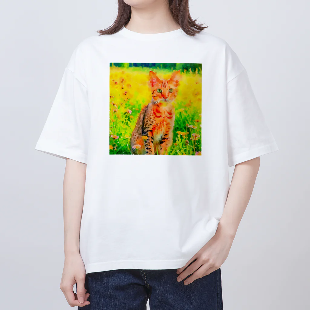 猫好きの谷の猫の水彩画/花畑のオシキャットねこのイラスト/キジトラネコ オーバーサイズTシャツ