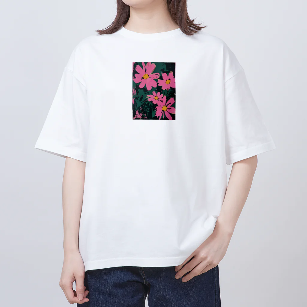 Q_kyuのPINK FLOWERS with Dark Background オーバーサイズTシャツ