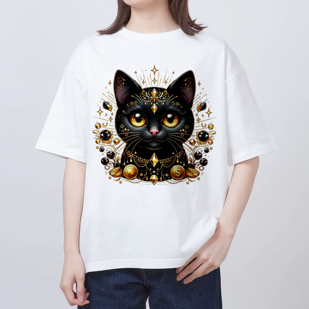 黒猫ギャラリー🐈‍⬛の金運の黒猫の神様 オーバーサイズTシャツ