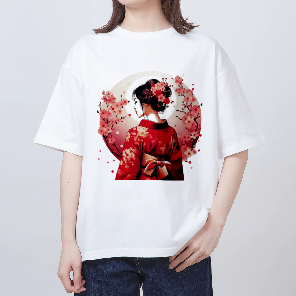 yuchijapanの桜を散らした着物美人イラスト オーバーサイズTシャツ