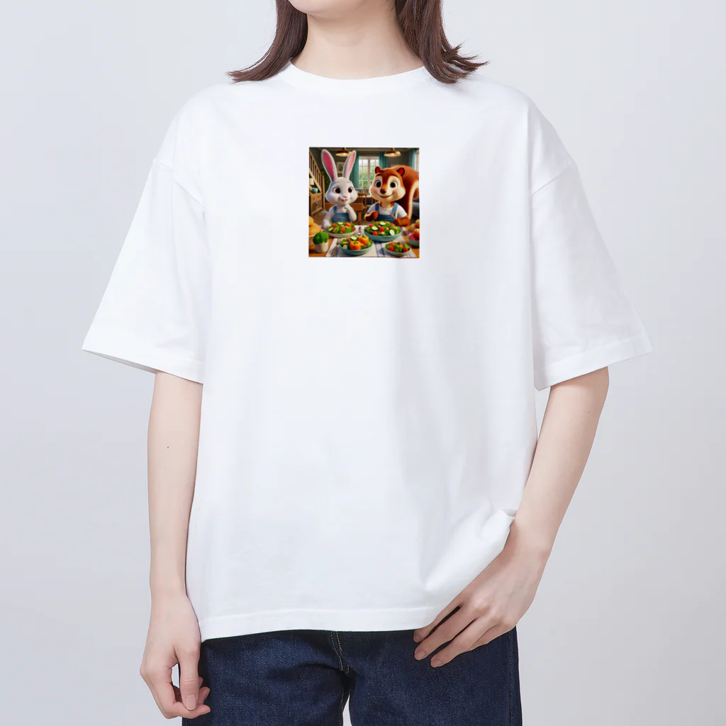 yuzu_rinのうさぎとリスが一緒にベジタリアン食事 オーバーサイズTシャツ