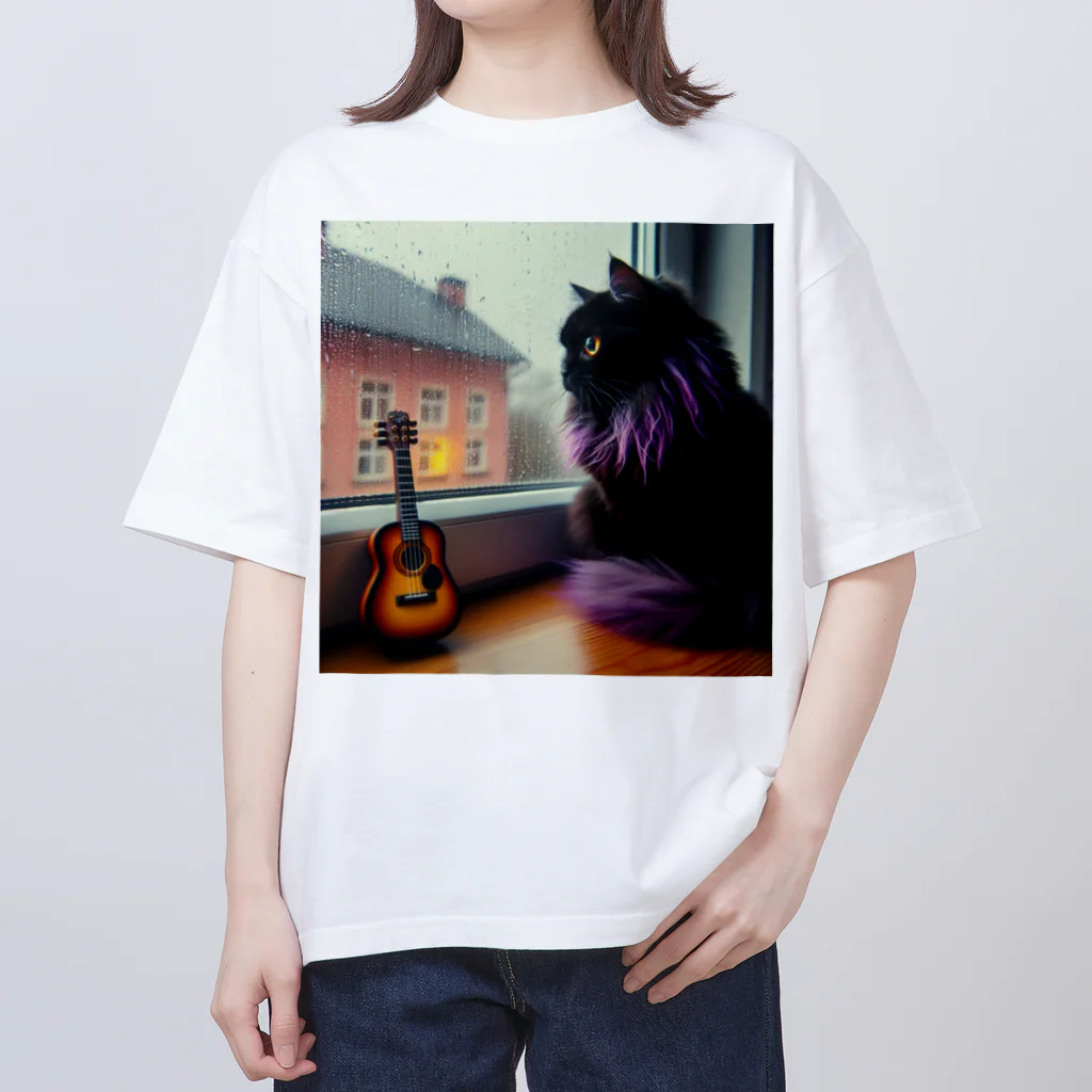 momonekokoの雨とギターと猫 オーバーサイズTシャツ