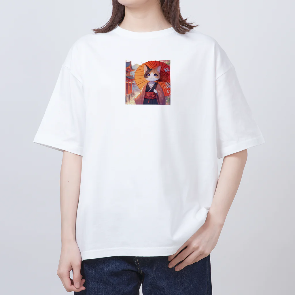 oz-chanの傘をさしている猫_アニメ風2 オーバーサイズTシャツ