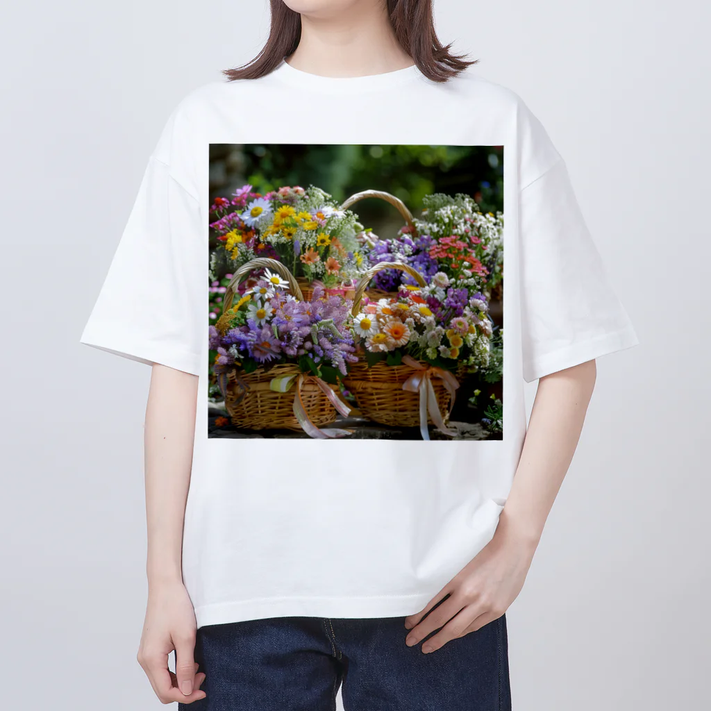 AQUAMETAVERSEの華やかな花が入った花かご　なでしこ1478 オーバーサイズTシャツ