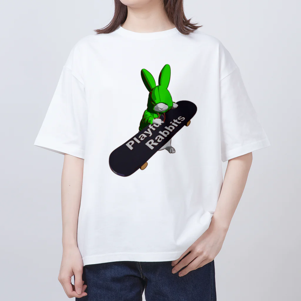 鬼鞍 ONIKURAのPlayful Rabbits グリーン Oversized T-Shirt