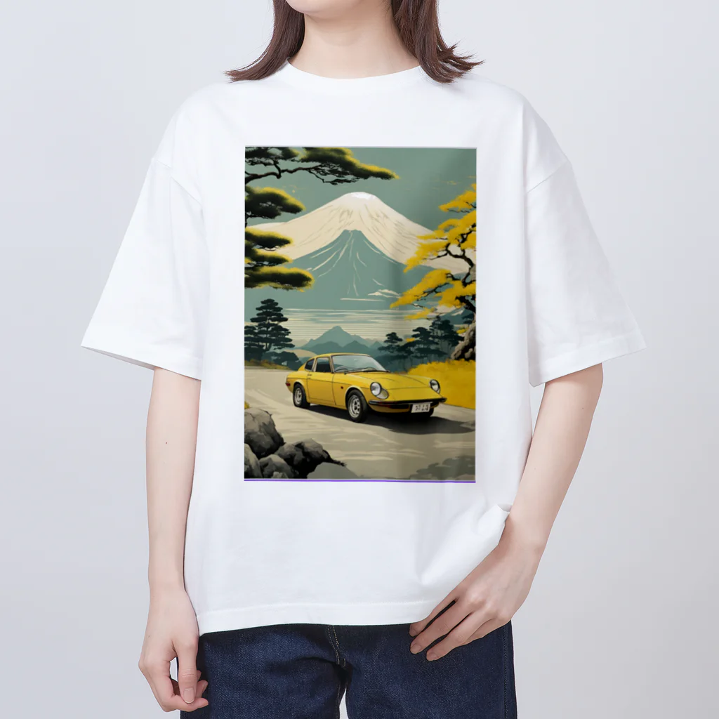 JapanCarStyleの黄色いスポーツカーと日本の風景 オーバーサイズTシャツ