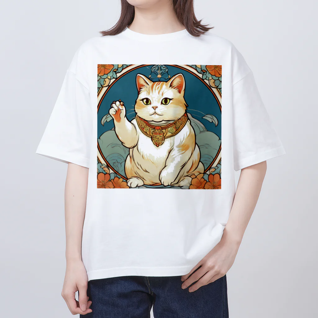 ゆまちゃんの開運雑貨屋さんの夜のミュシャ風招き猫 オーバーサイズTシャツ