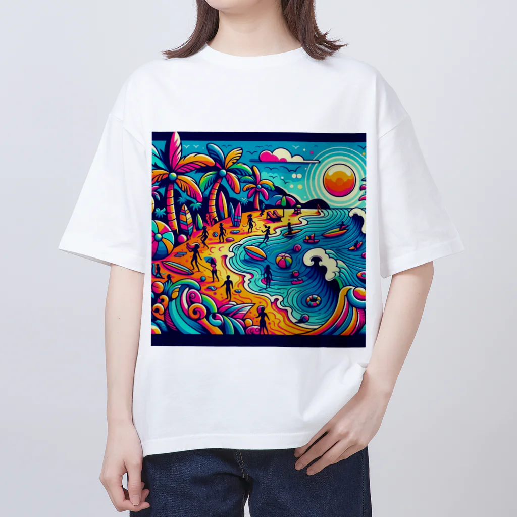 Ouga_の海岸が可愛く描かれた オーバーサイズTシャツ