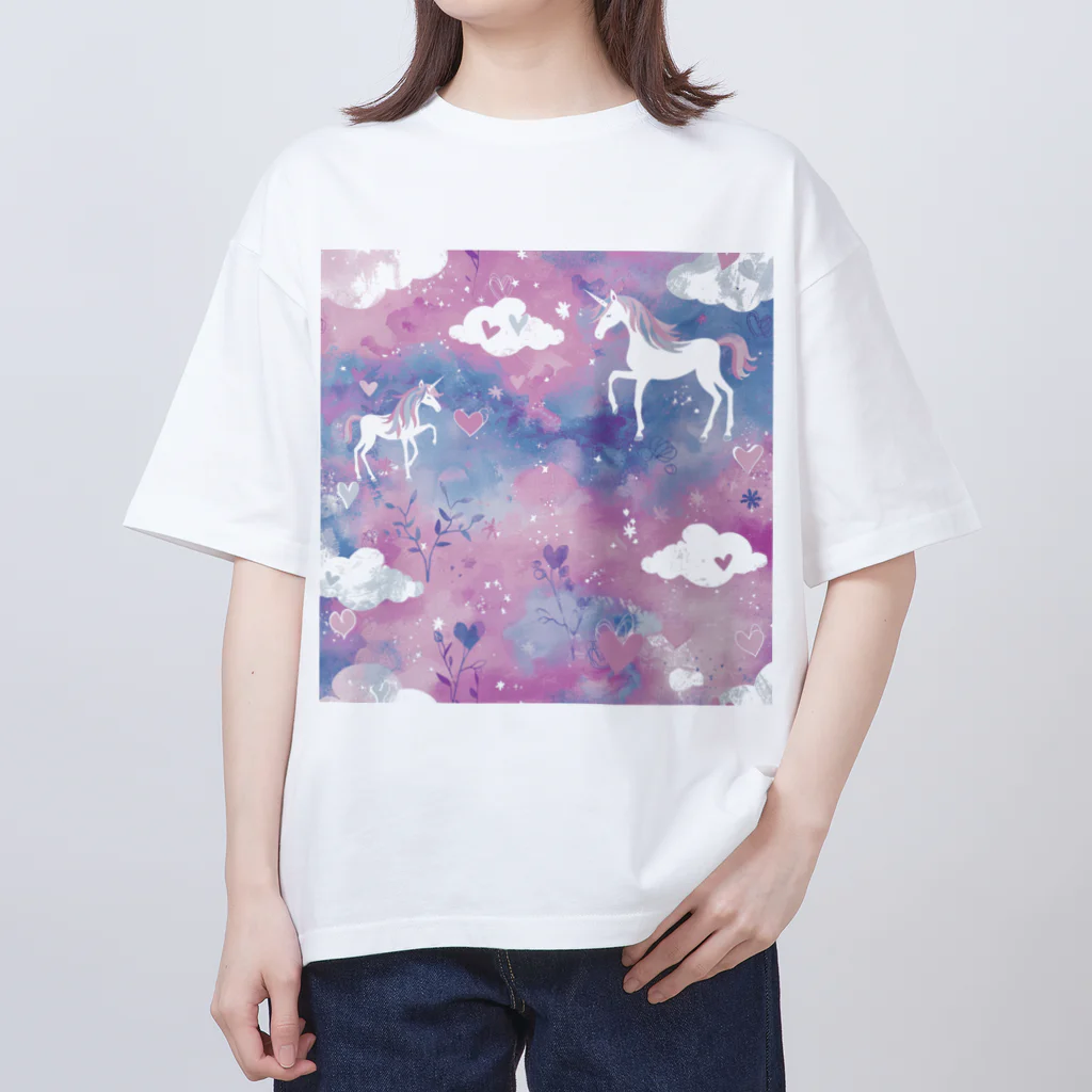 オンラインショップイエローリーフのユニコーン　ハート　赤　黒　青　可愛い Oversized T-Shirt