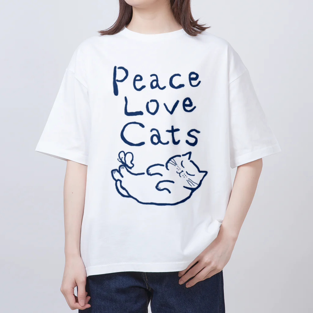 TomoshibiのPeace Love Cats ブルー オーバーサイズTシャツ