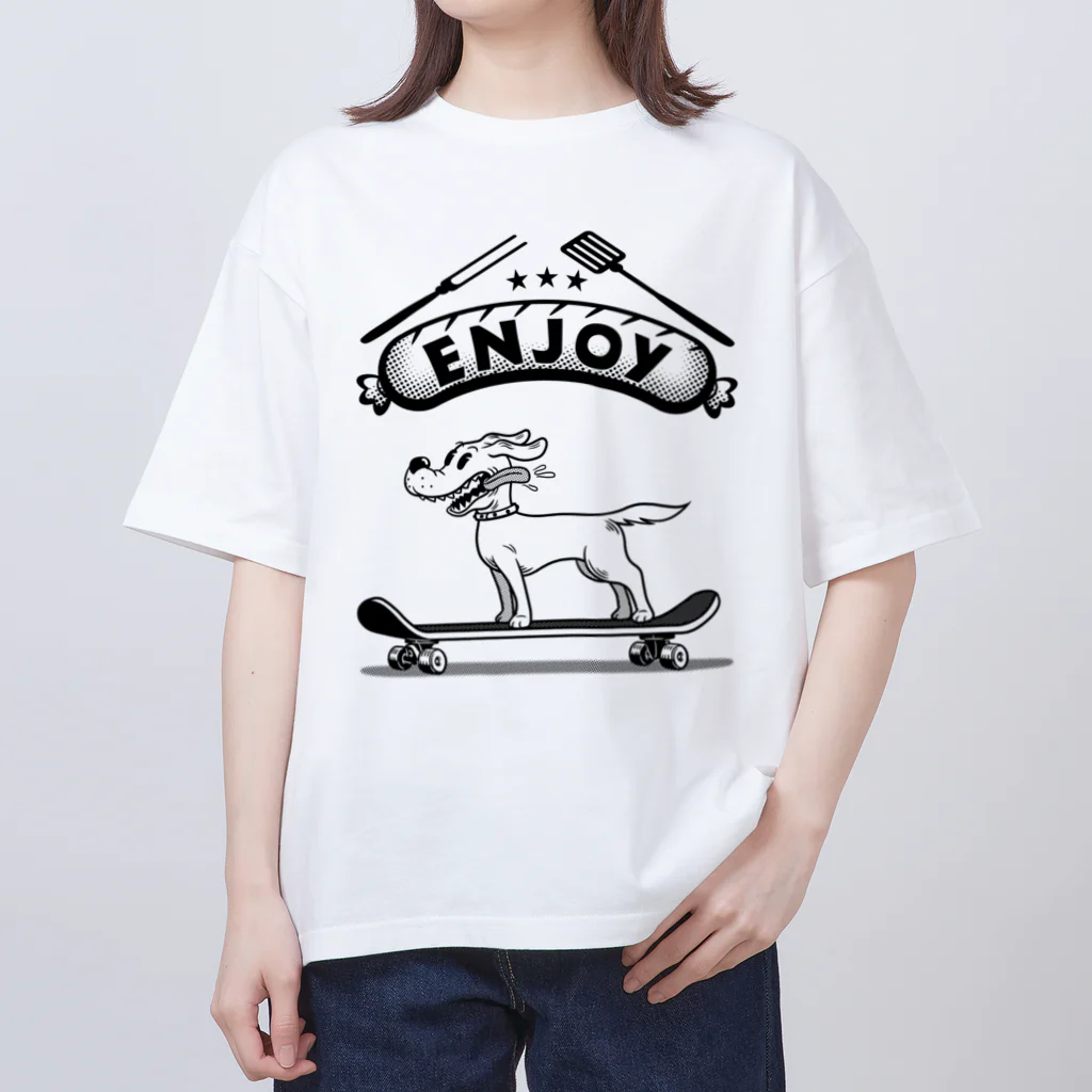 nidan-illustrationのhappy dog -ENJOY- (black ink) Oversized T-Shirt