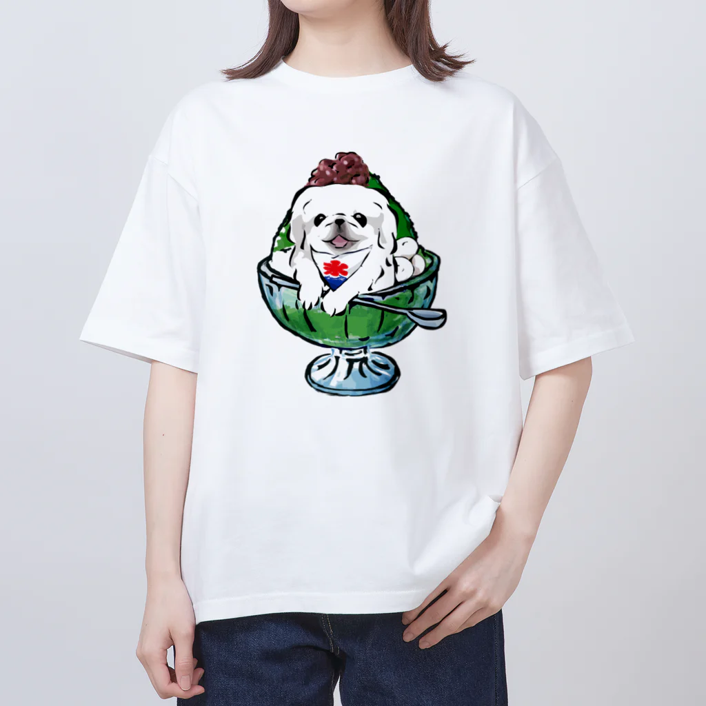 犬グッズの店しえるぶるーのかき氷ワンちゃん　宇治金時　ペキニーズ　ホワイト オーバーサイズTシャツ