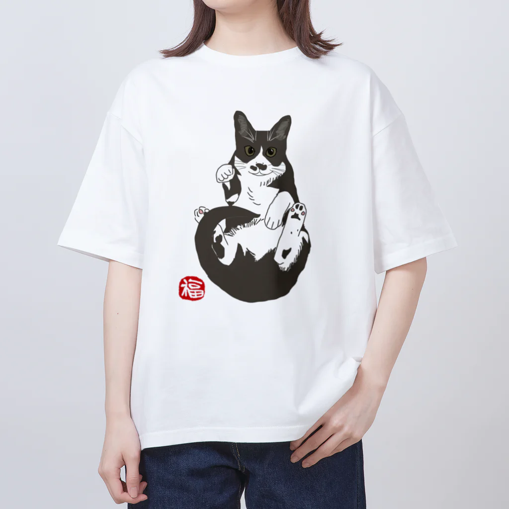 小鳥と映画館の加筆版 招き猫 ハチワレ オーバーサイズTシャツ