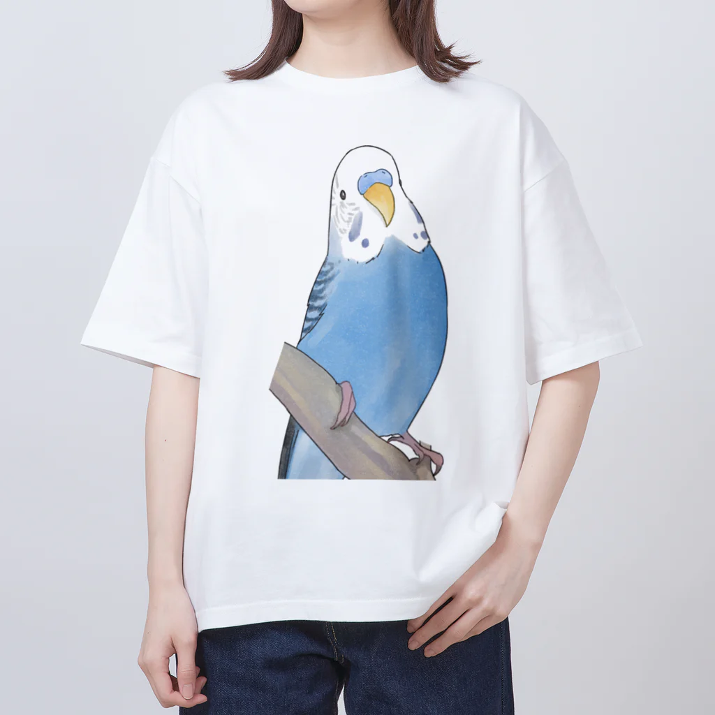 まめるりはことりのセキセイインコちゃんと止まり木【まめるりはことり】 オーバーサイズTシャツ