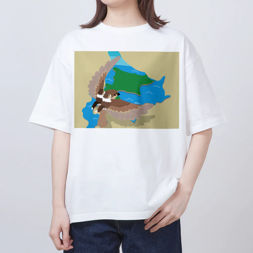 Kotetsu diary(SUZURI店)のシェルティ2匹＆スズメ×北海道 オーバーサイズTシャツ