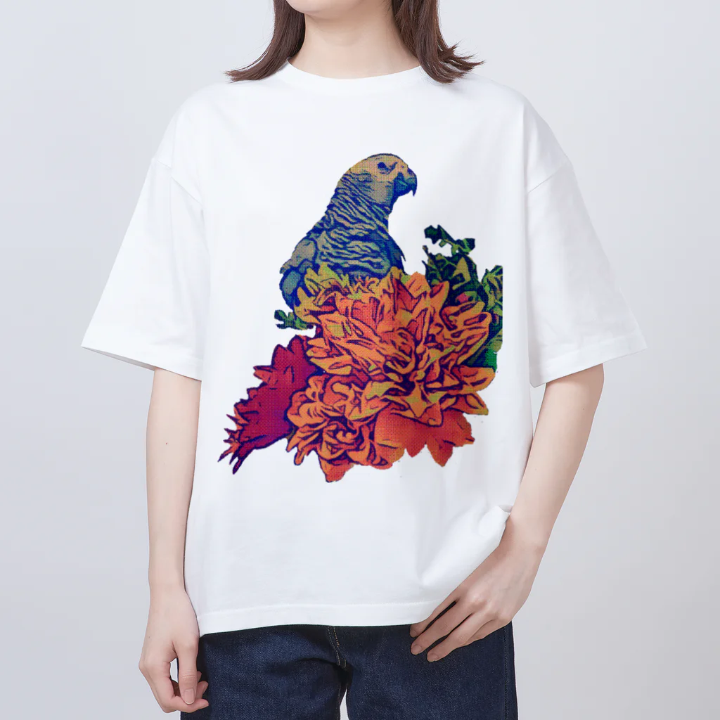 愉快なインコ達のヨウムと花 オーバーサイズTシャツ