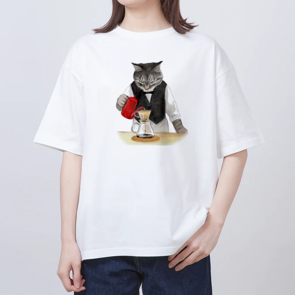  藤ねこりえ/ 𝙁𝙐𝙅𝙄𝙣𝙚𝙘𝙤𝙧𝙞𝙚の美味しい珈琲を淹れる猫 オーバーサイズTシャツ