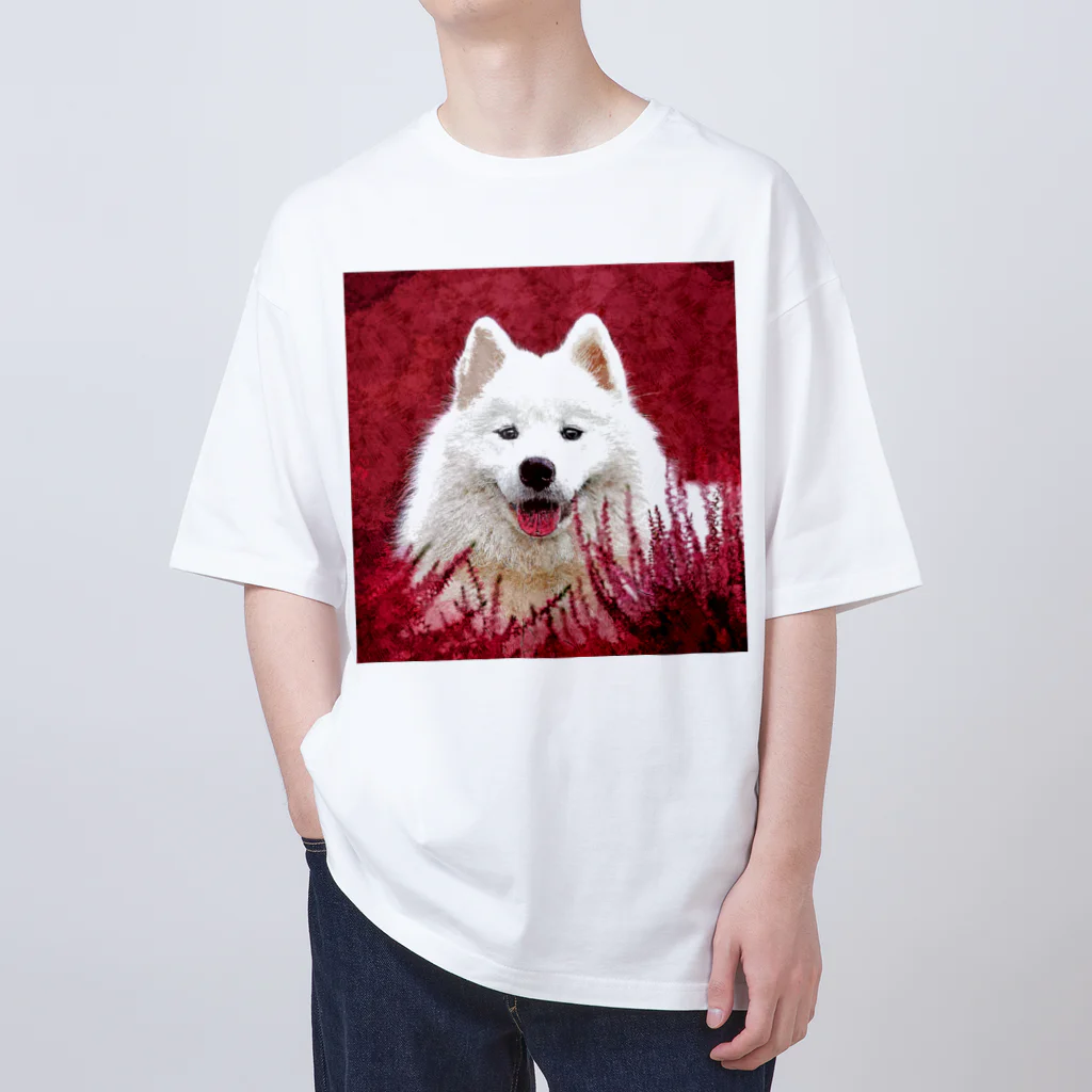 【CPPAS】Custom Pet Portrait Art Studioの 赤い畑の中のサモエドドッグ オーバーサイズTシャツ