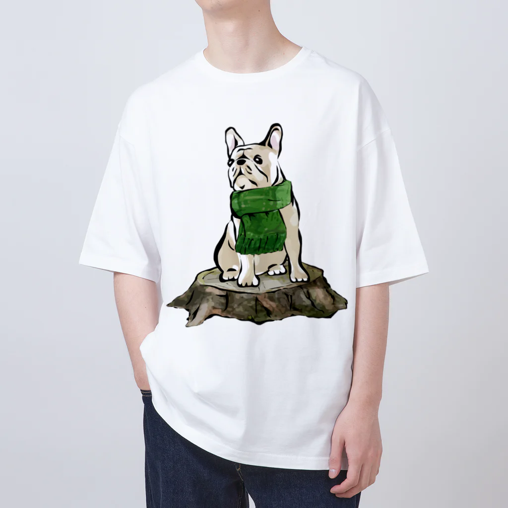 犬グッズの店しえるぶるーのマフラーを着けたフレンチブルドッグ　クリーム Oversized T-Shirt