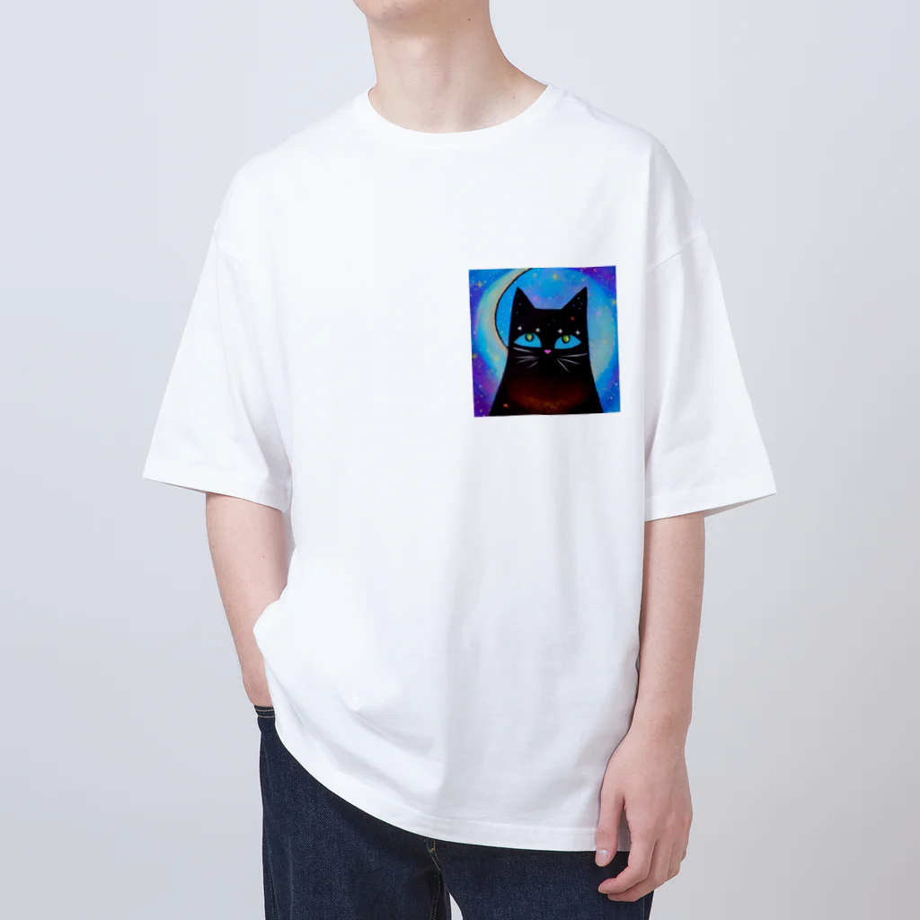 宇宙猫のクロネコと宇宙 オーバーサイズTシャツ