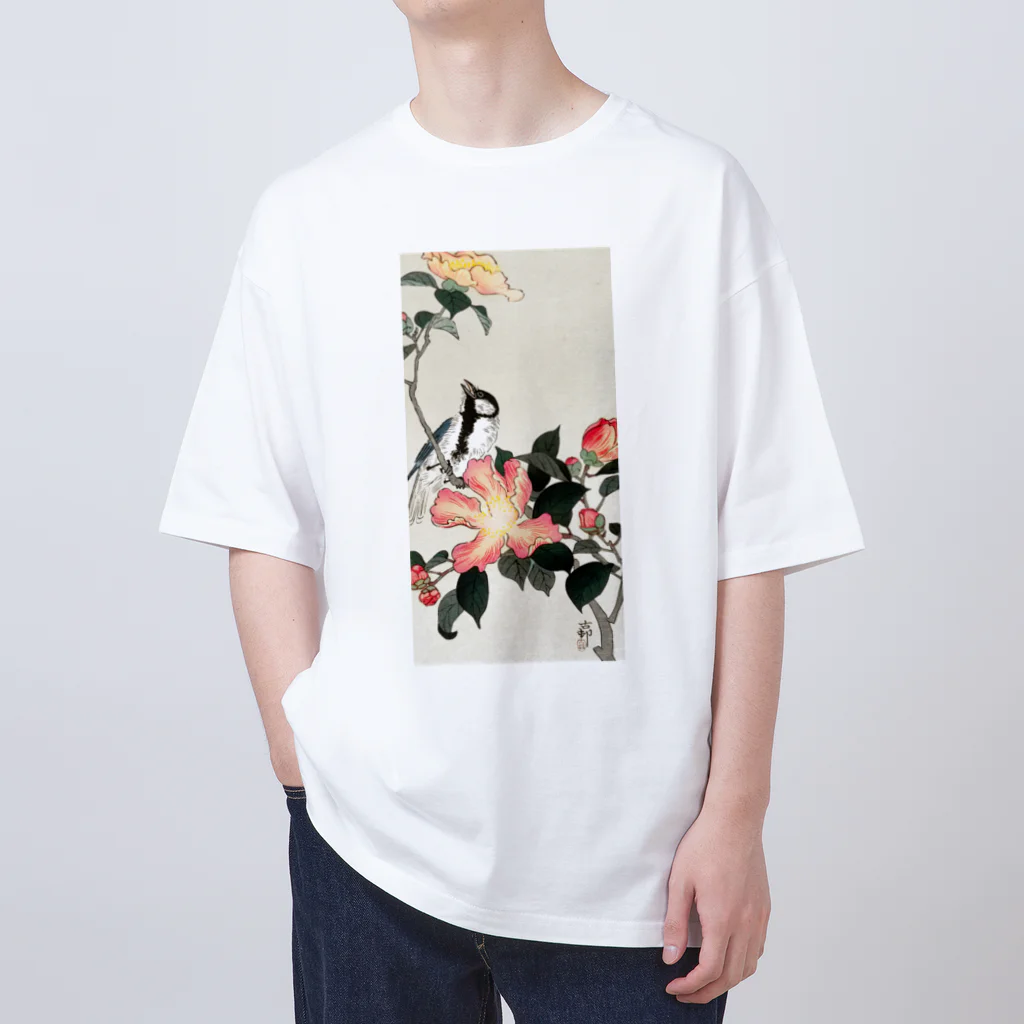 MUGEN ARTの小原古邨　椿に四十雀  Ohara Koson / Great tit on branch with pink flowers  Oversized T-Shirt