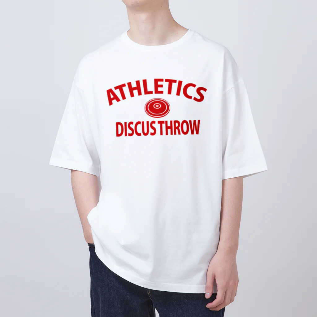 sports_tower スポーツタワーの円盤投げ・赤・陸上競技・えんばんなげ・グッズ・イラスト・Tシャツ・Discus Throw・飛距離・男子・女子・かっこいい・かわいい・選手・有力・確実・候補・部活・有望・応援・精神力・集中力・メダル Oversized T-Shirt