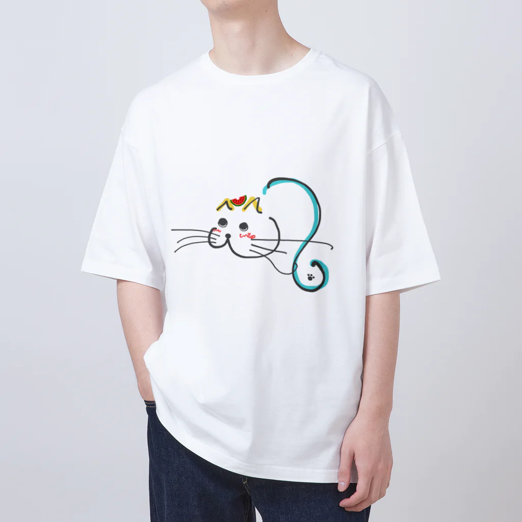 三毛猫ムタくんのスイカと猫 オーバーサイズTシャツ