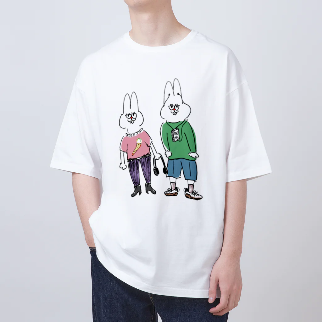 ざらざらせんべい亀のうさ丸家（らび子とぴょんのすけ） オーバーサイズTシャツ