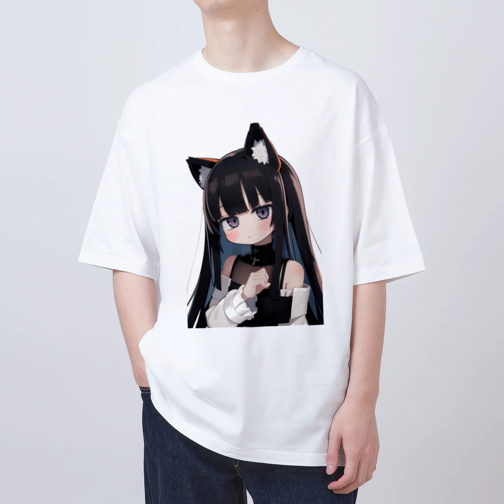 ケモ耳美少女キツネちゃん（AIart）の長い黒髪の愛らしい獣耳の少女 オーバーサイズTシャツ