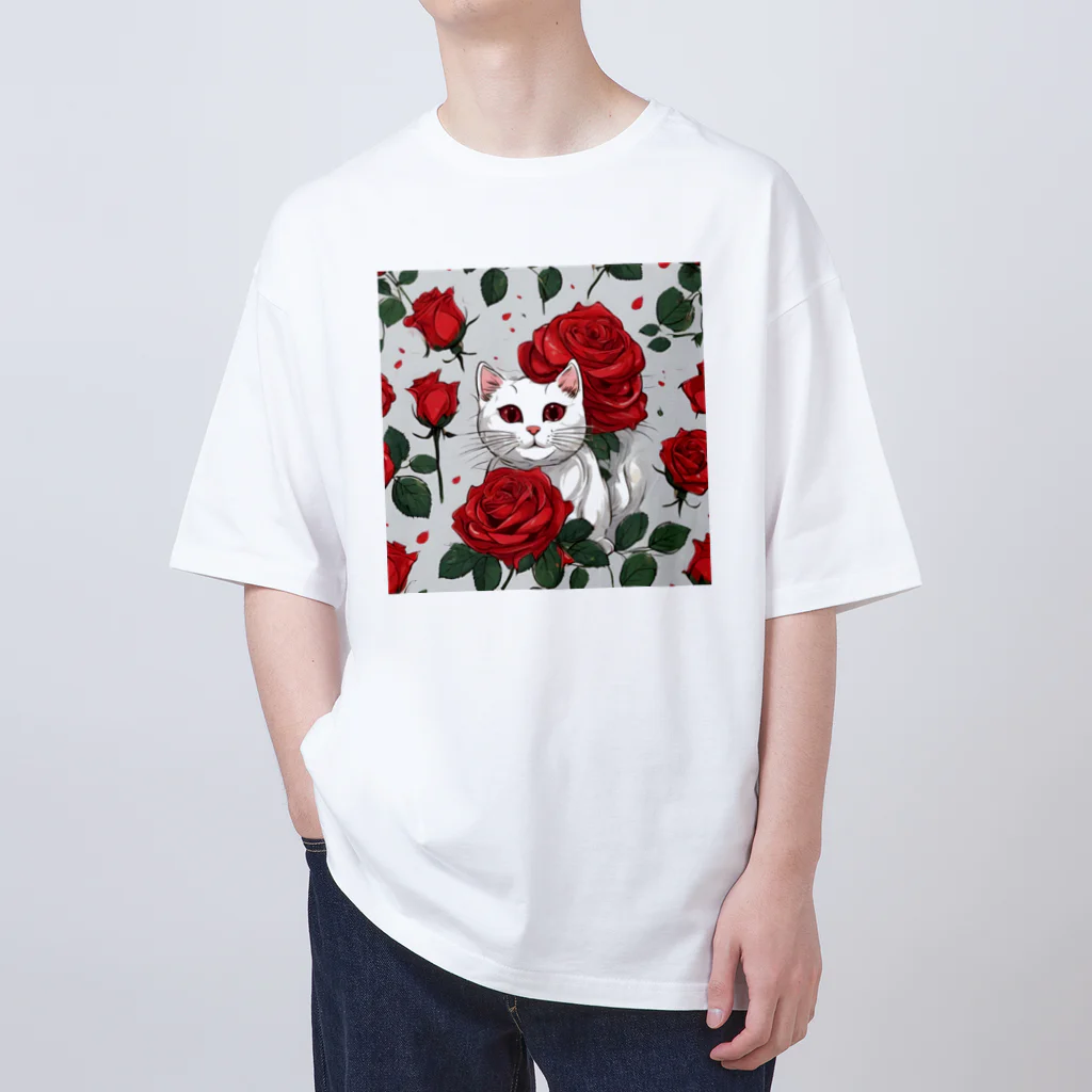 Feline-Bouquetの薔薇の中の猫 Oversized T-Shirt