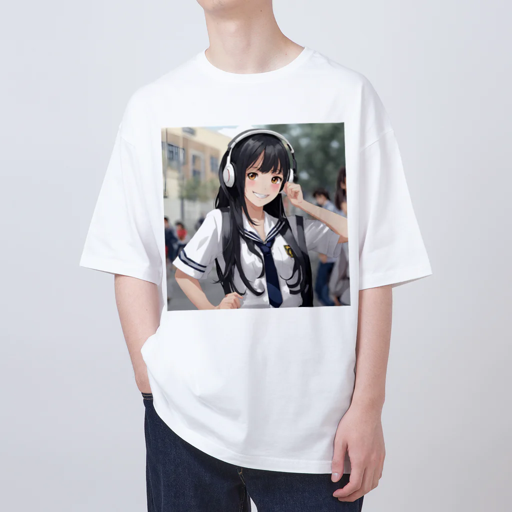 可愛いは正義！の笑顔のセーラー服女子高生　ヘッドフォン オーバーサイズTシャツ