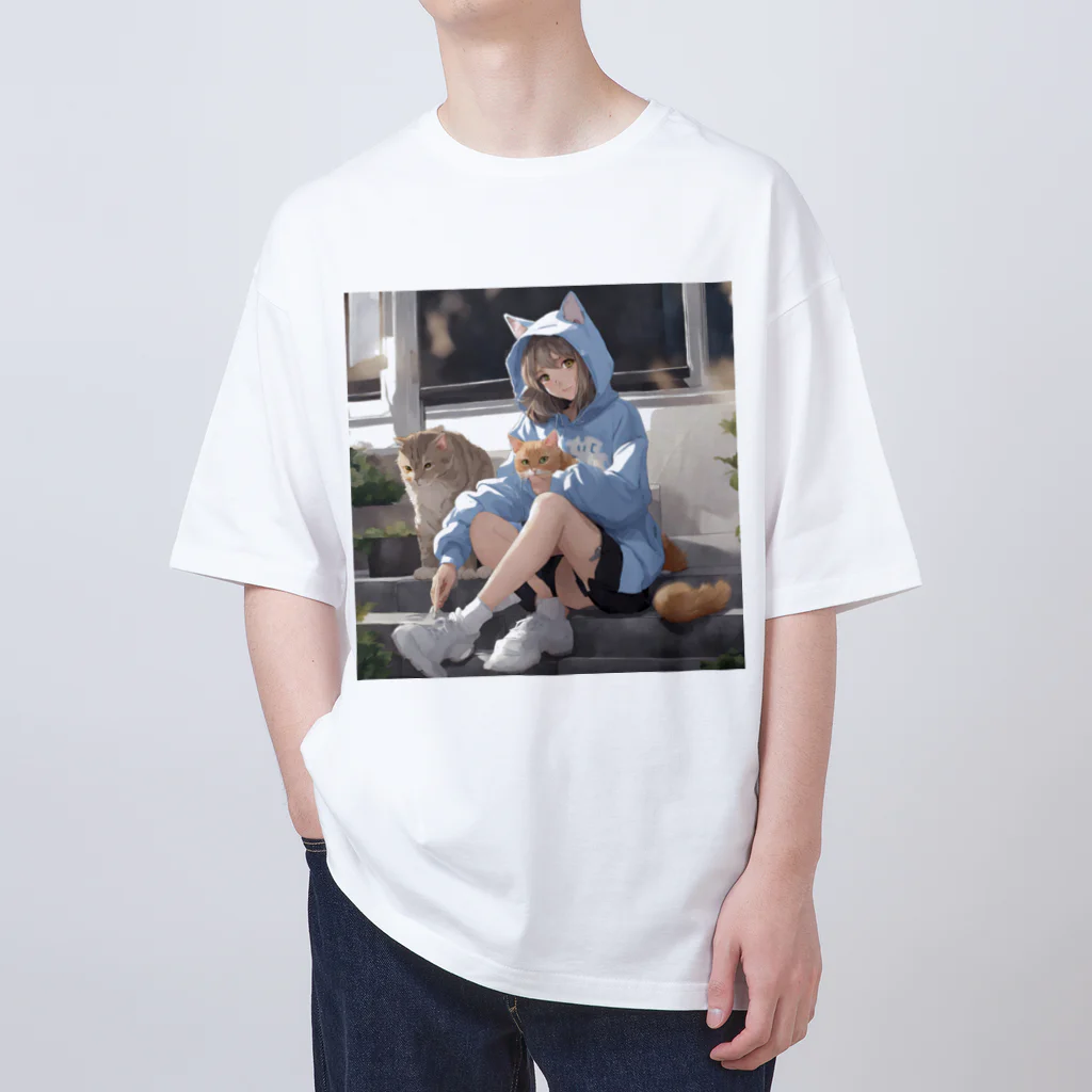 可愛いは正義！のネコミミパーカー　JK  猫と戯れ Oversized T-Shirt
