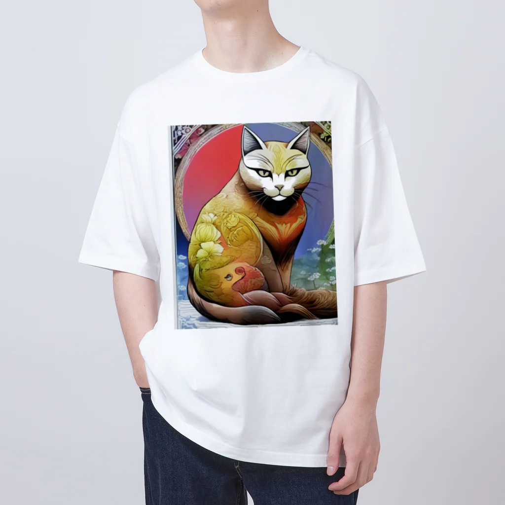 wawomotsuのねこあつめ 日本画風 可愛らしい猫たちのアートプリント オーバーサイズTシャツ