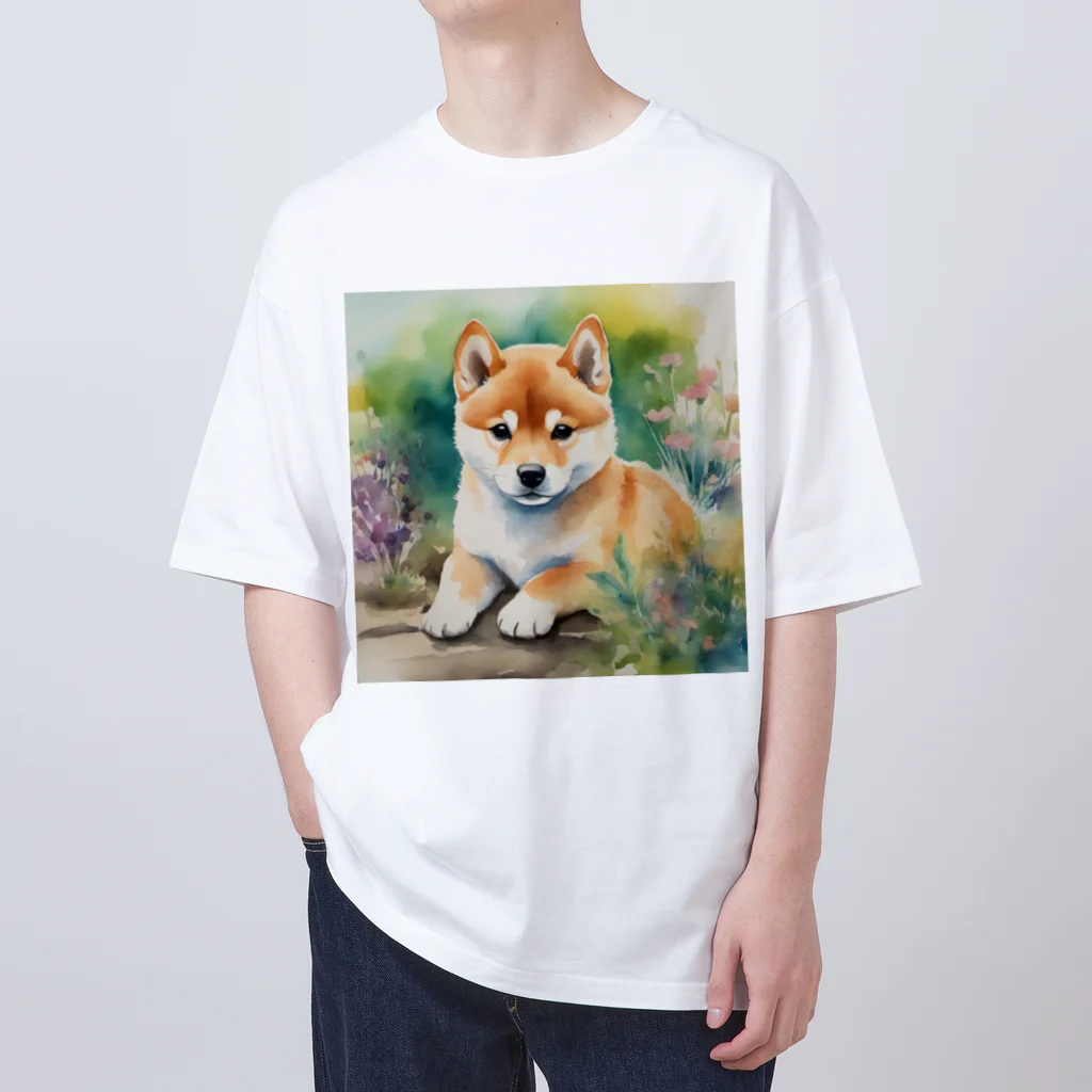 こころやすらぐの水彩子犬　柴犬 オーバーサイズTシャツ