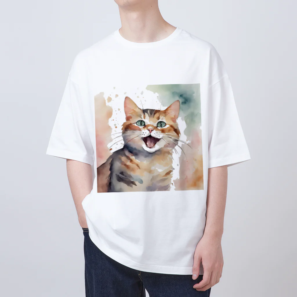 癒しの場｜Healing Placeの癒される幸せそうな猫の水彩画　A soothing and happy cat watercolor painting. オーバーサイズTシャツ