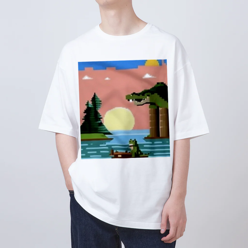 あったらいいなのドット絵のワニと湖畔の月 Oversized T-Shirt