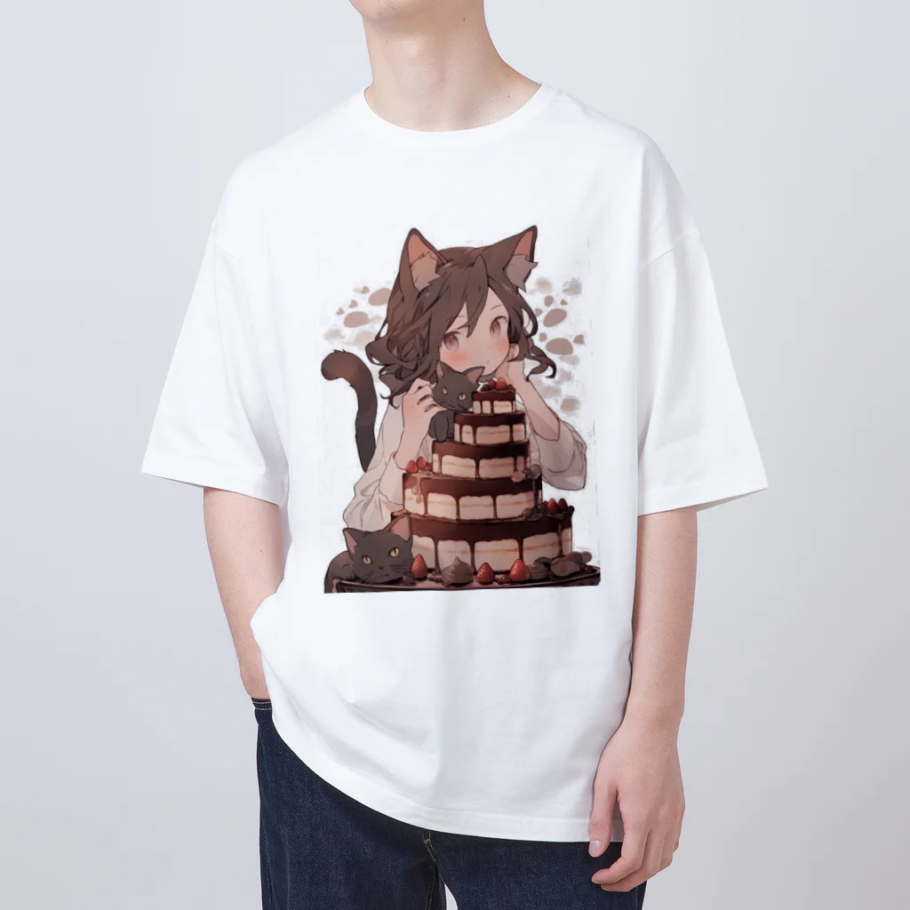 シロクマペンギンのネコちゃんとチョコレートケーキ Oversized T-Shirt