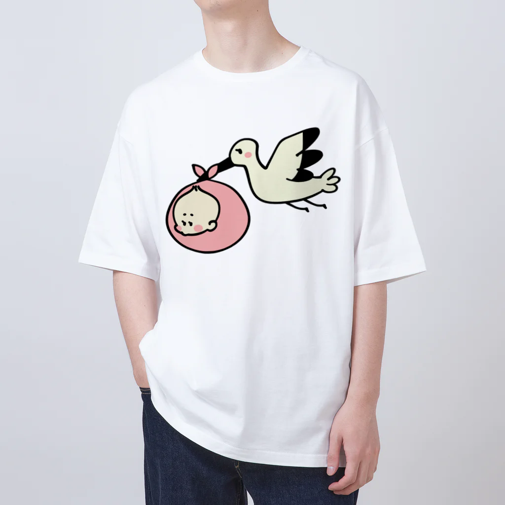 ゆちのへやのベビーを運ぶコウノトリのイラスト オーバーサイズTシャツ