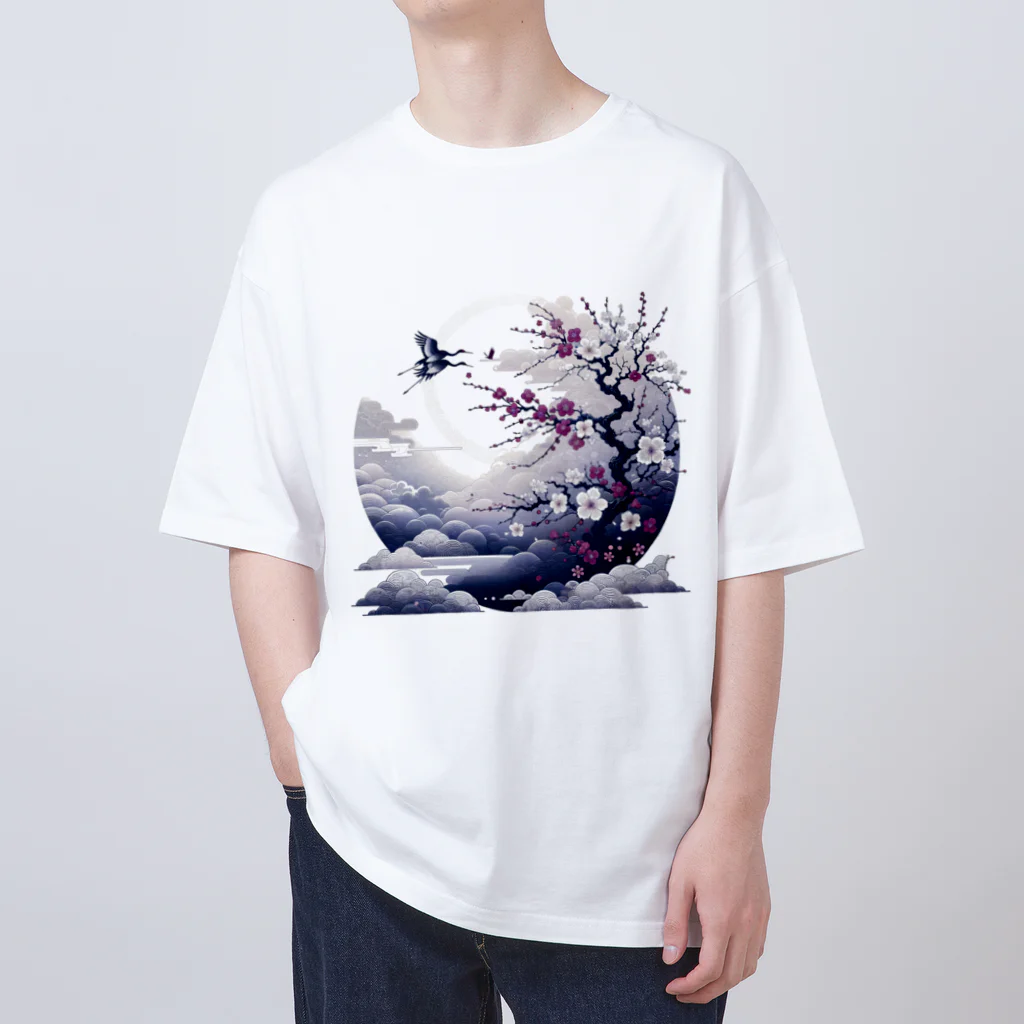 raio-nの白背景の和風夜景 - 月と梅と鶴 Oversized T-Shirt
