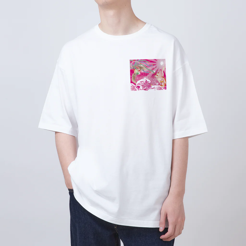 大漁旗　和柄のshopのピンク鳳凰　波　和柄 Oversized T-Shirt