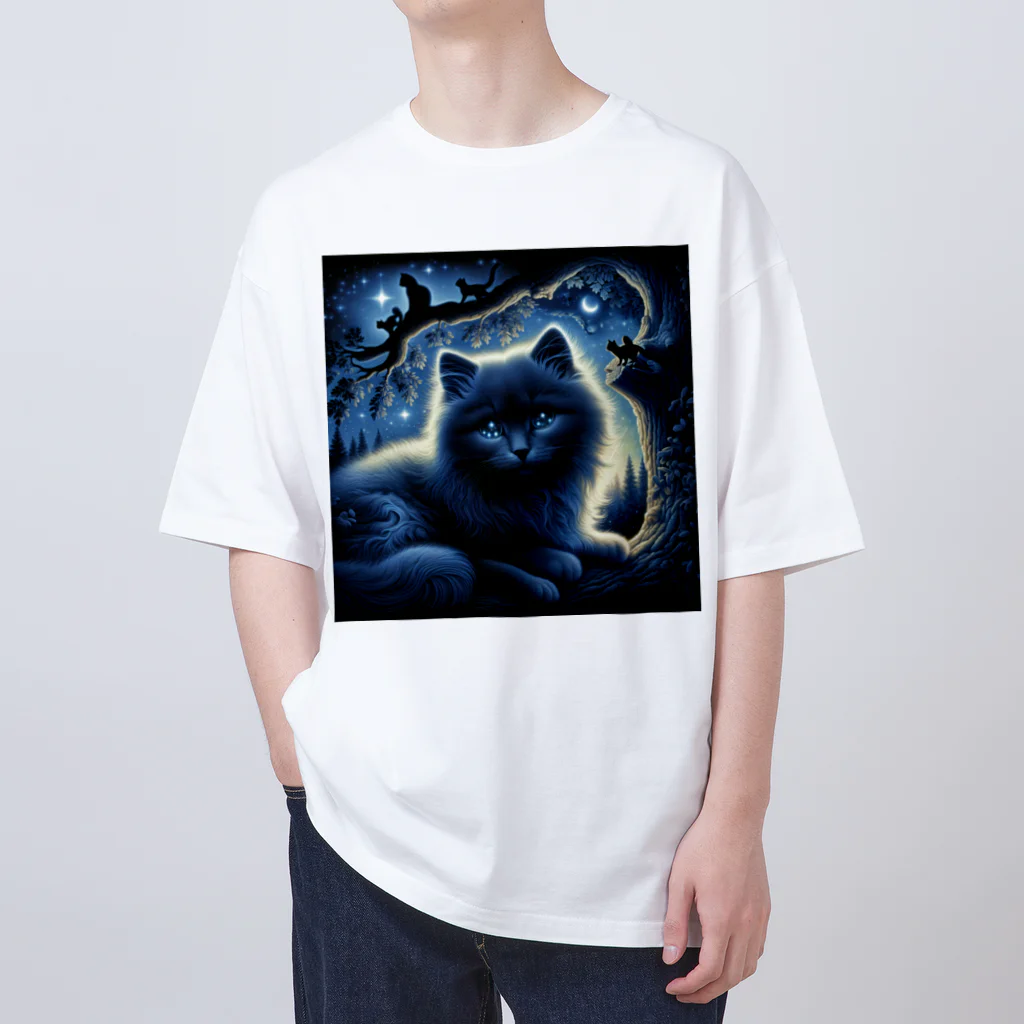 雑貨屋ちぃずの黒猫と夜空 オーバーサイズTシャツ