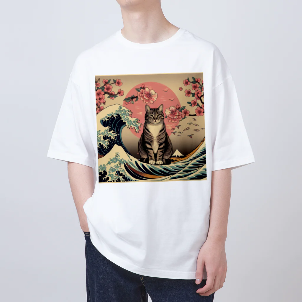 ParadigmStar　パラダイムスターの浮世絵猫　波桜 Oversized T-Shirt