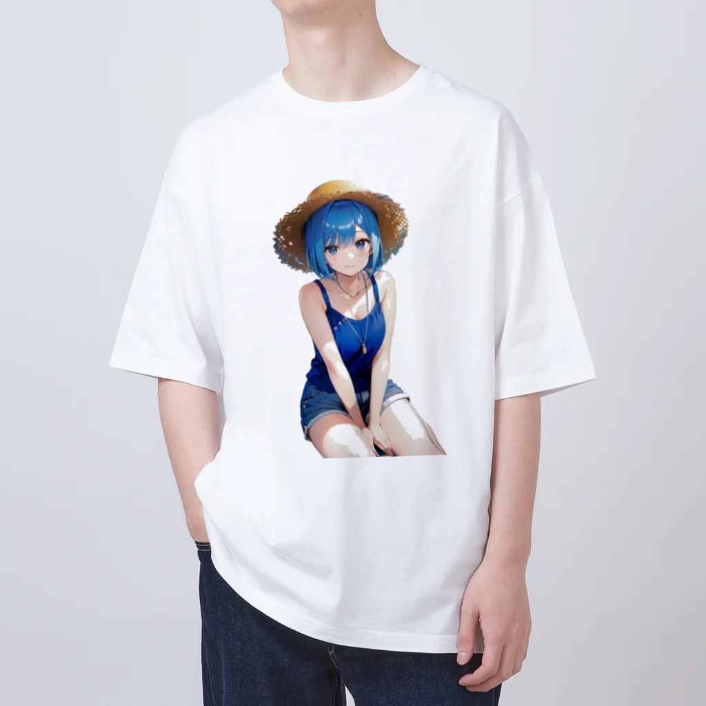 AIオリジナルイラスト　美女男子の華麗なる青髪美少女 オーバーサイズTシャツ