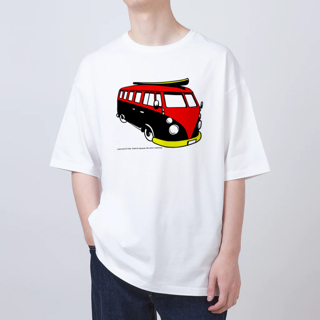ファンシーTシャツ屋のレッド&ブラックのビーチバス オーバーサイズTシャツ