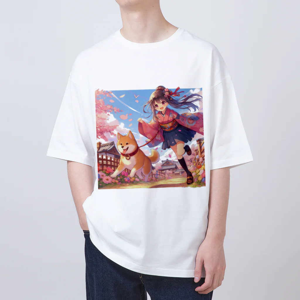 推しの美少女とアイドルの桜の中を犬と走る女の子 Oversized T-Shirt