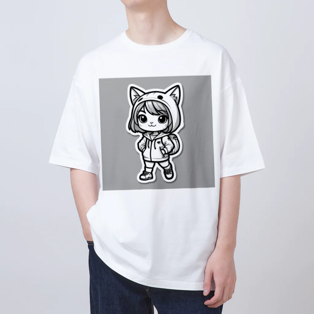 にゃんまる堂の猫耳　パーカー　モノクロ オーバーサイズTシャツ